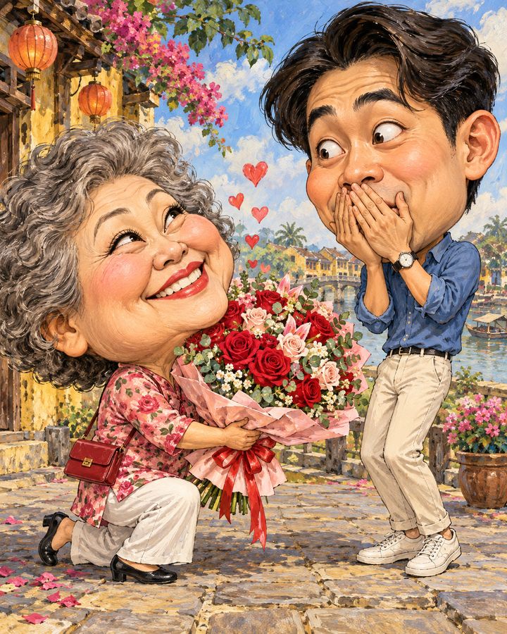 花束で告白 似顔絵の例