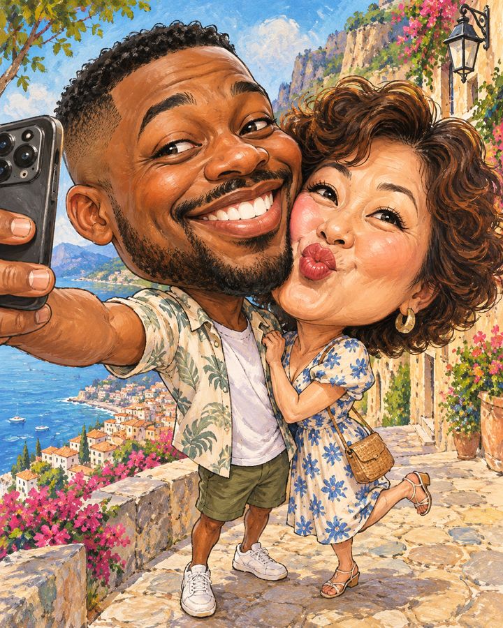 Couple selfie angle — caricature example
