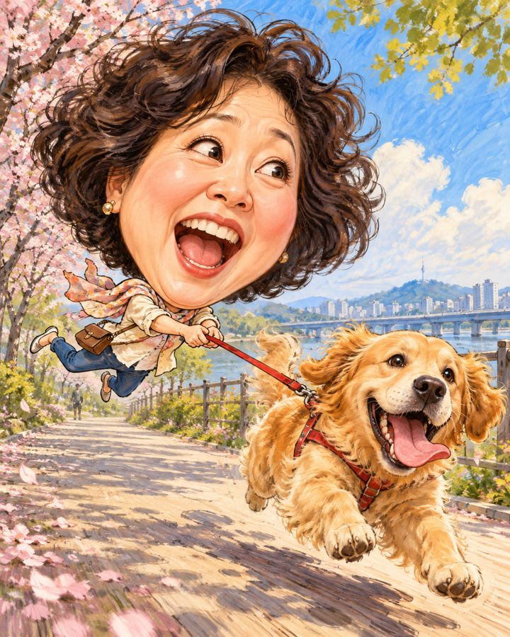 散歩で引っ張られる 似顔絵の例