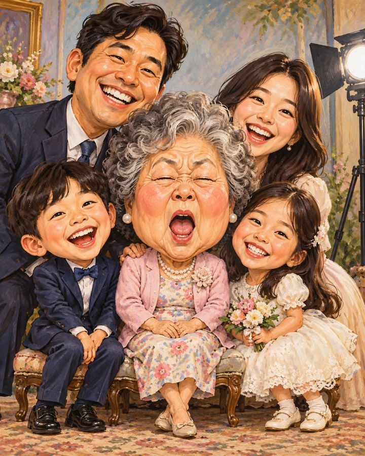 家族写真で目つぶり 似顔絵の例