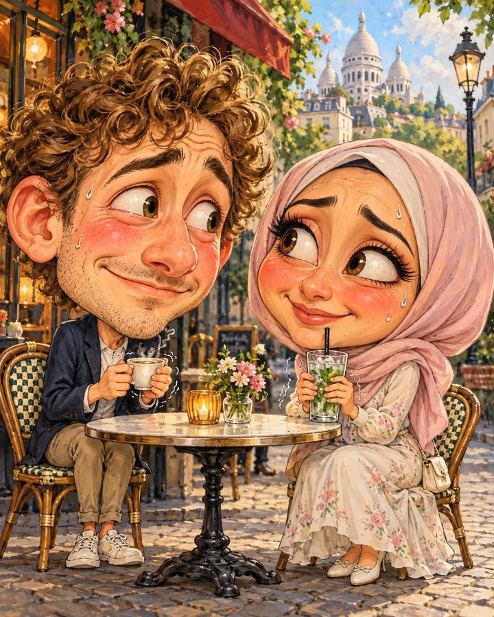 First-date nerves — caricature example