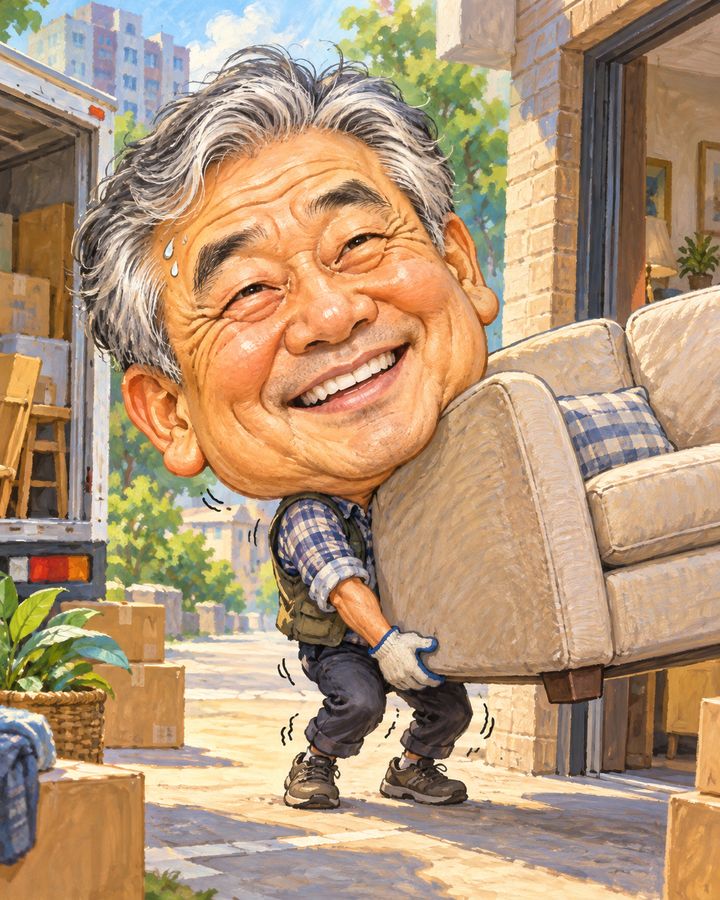 引っ越しの荷物の山 似顔絵の例
