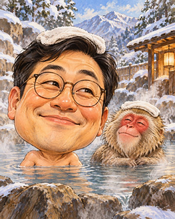 温泉でまったり 似顔絵の例