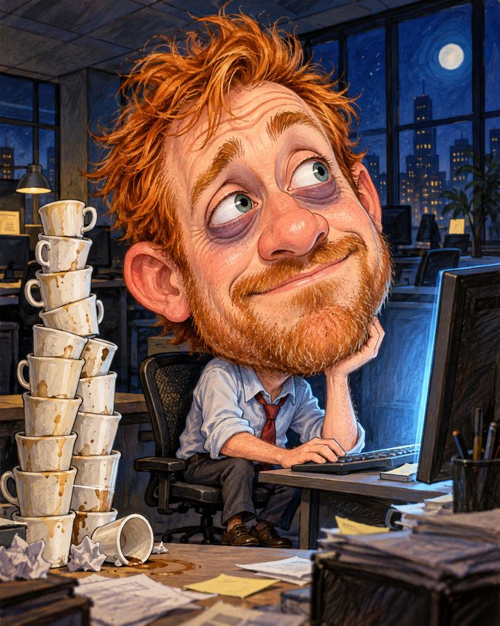 Overtime zombie — caricature example