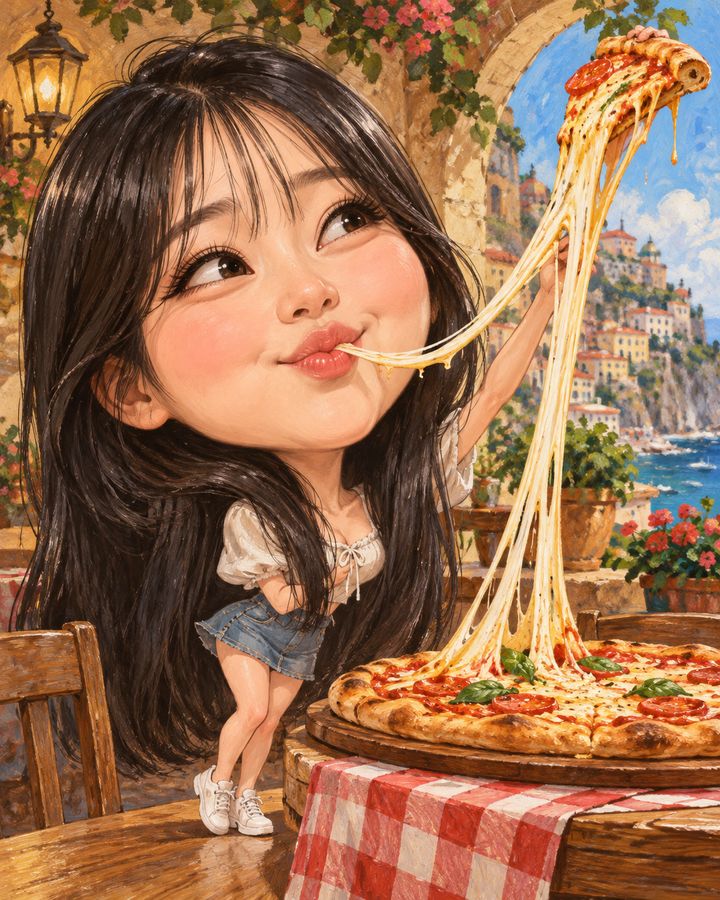 伸びるピザ 似顔絵の例