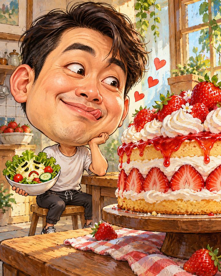 サラダ vs ケーキ 似顔絵の例