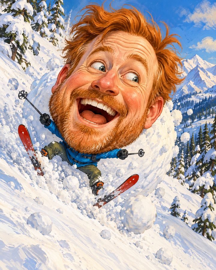 Ski slope wipeout — caricature example