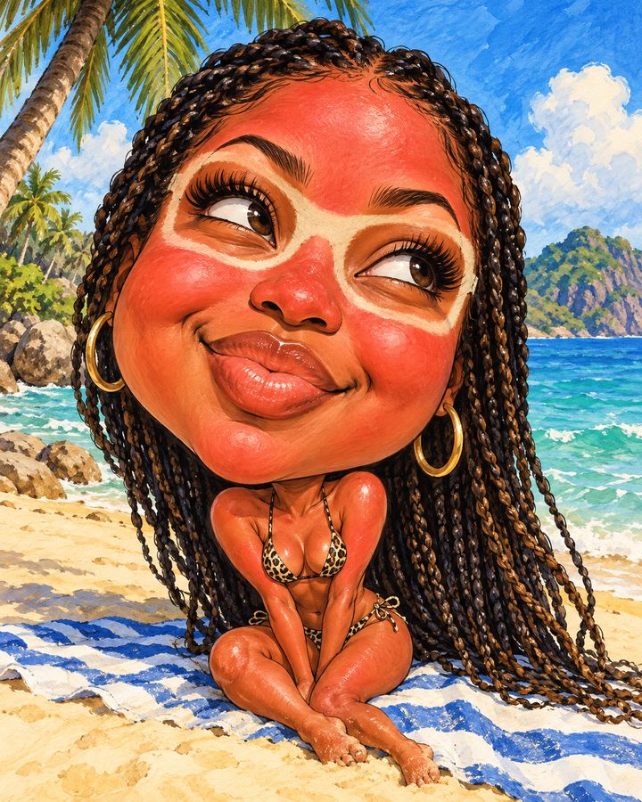 Beach sunburn — caricature example