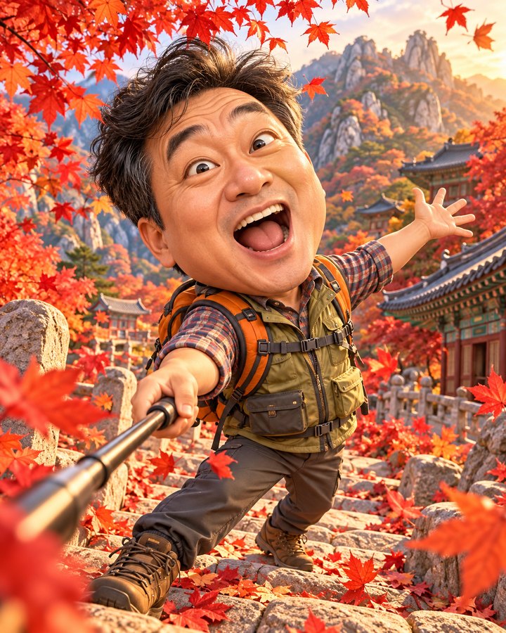 Pose entre hojas de otoño — ejemplo de caricatura 3D