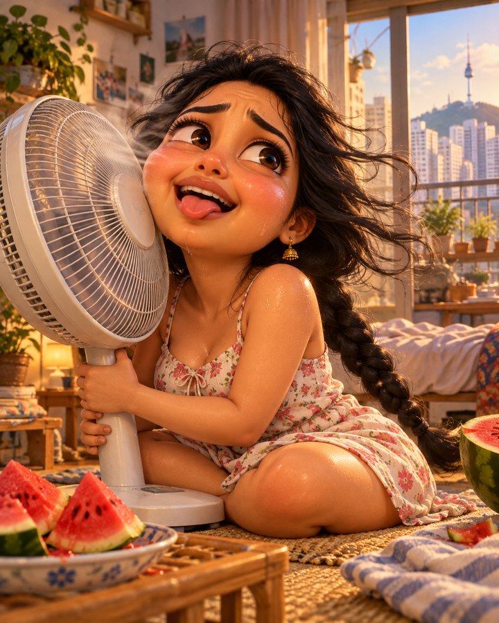 Abrazando el ventilador en la ola de calor — ejemplo de caricatura 3D