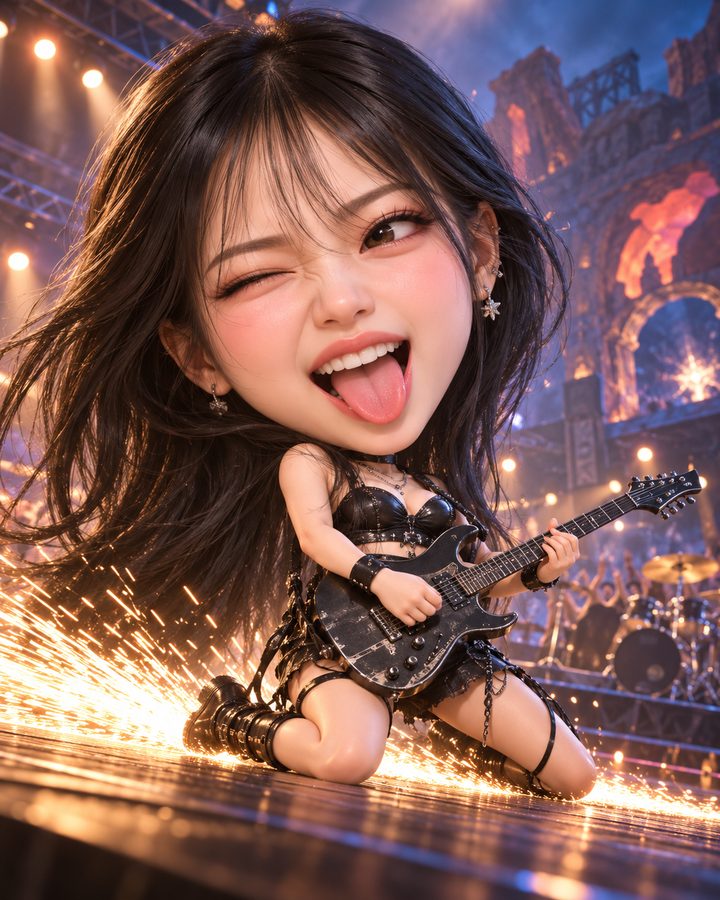 록 기타 무릎 슬라이딩 3D 캐리커처 예시