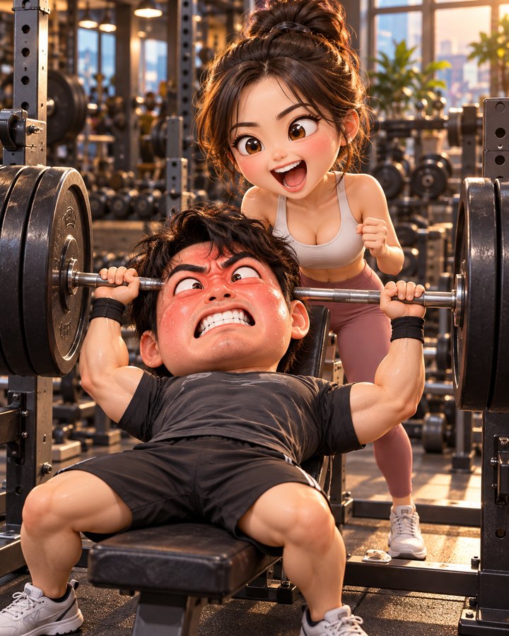 Ayudante en el gimnasio — ejemplo de caricatura 3D