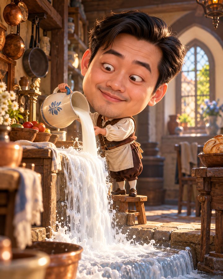 우유 따르는 하녀 3D 캐리커처 예시
