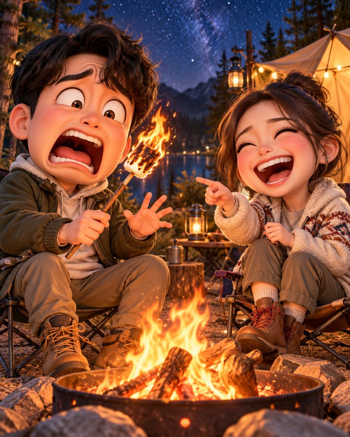 캠핑 마시멜로 불 3D 캐리커처 예시