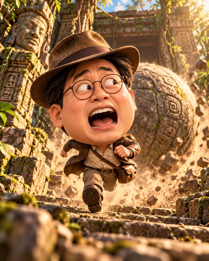굴러오는 바위 3D 캐리커처 예시