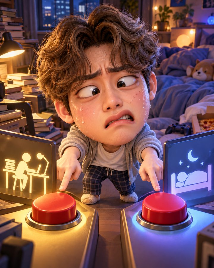 두 버튼 고민 3D 캐리커처 예시