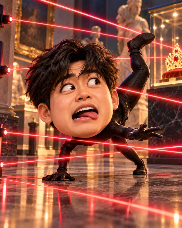 금고 레이저 피하기 3D 캐리커처 예시