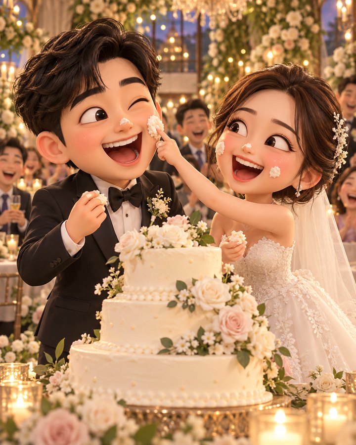 웨딩 케이크 스매시 3D 캐리커처 예시