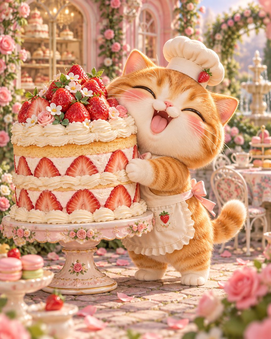 Strawberry-cake cat — AI example