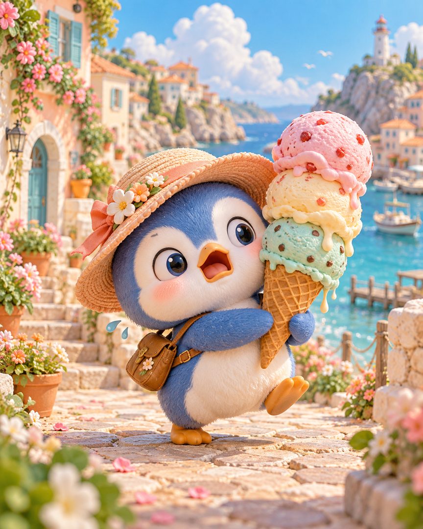Seaside ice-cream penguin — AI example